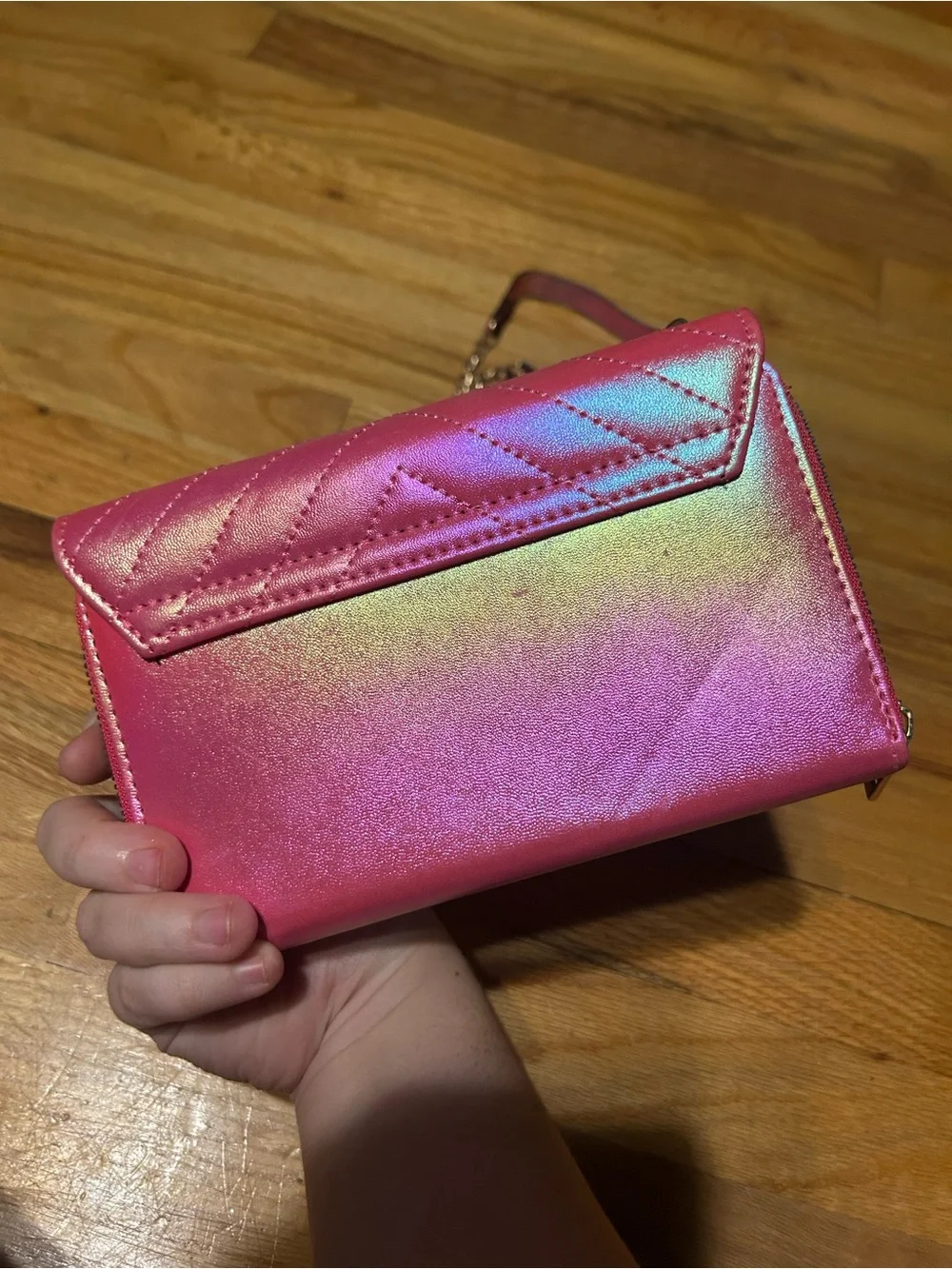 Pink Metallic Quilted Crossbody Bag with Chain Strap
